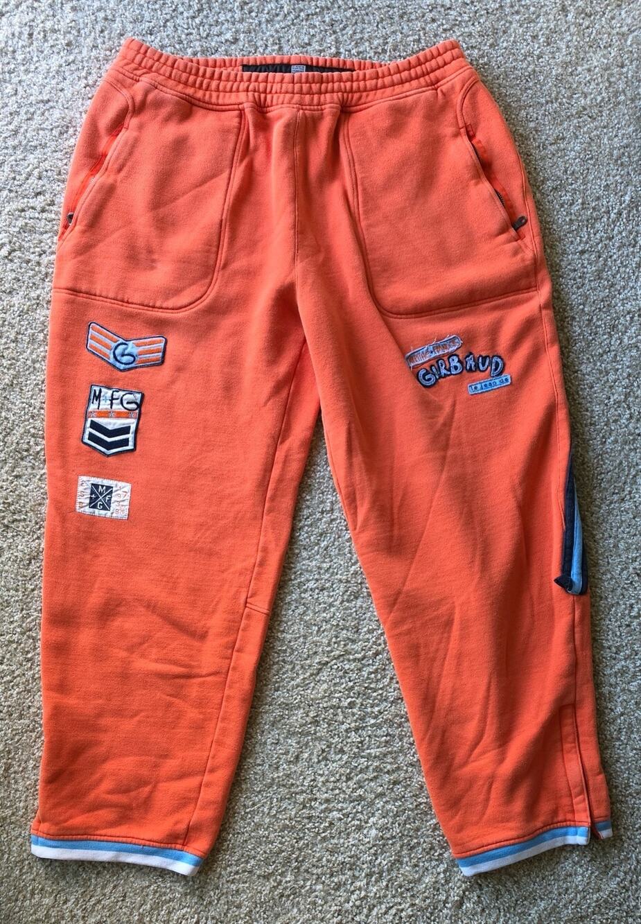 Le Jean de Marithe Francois Girbaud Sweatpants Mens SZ XL, Orange, Embroidered
